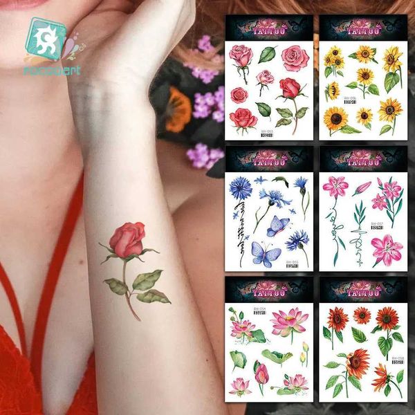 Tattoo Transfer 3D Flower Tattoo Stickers para mulheres arte corporal Tattoos temporários Daisy rosa aquarela Tattoo Arm Wrist Sexy Fake Tatoo 240426