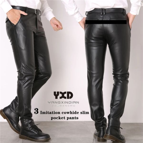 Pantaloni drop shipping marca maschi pantaloni in pelle slim fit elastico stile elastico pantaloni in pelle pan pantaloni motociclistica