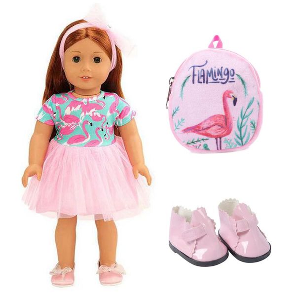 Abito bambole per ragazze American Girls Doll Rosa Crane+Zackpack Crane Pink+Scarpe rosa Accessori per bambole da 18 pollici per il regalo per bambini