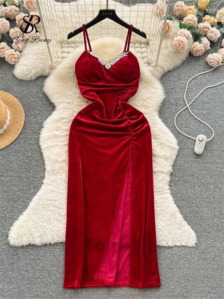 Lässige Kleider Singreiny Senior Velvet Sling Party Kleid Diamonds gegen Hals Reißverschluss Rückenless Bodycon Slim Shirring Split Lady Elegant Abend