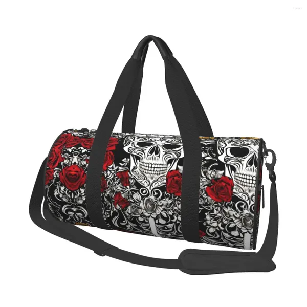 Bolsas ao ar livre Skull and Roses Bolsa de ginástica Esportes de natação gótica de design feminino masculino com sapatos Bolsas de fitness oxford fofas