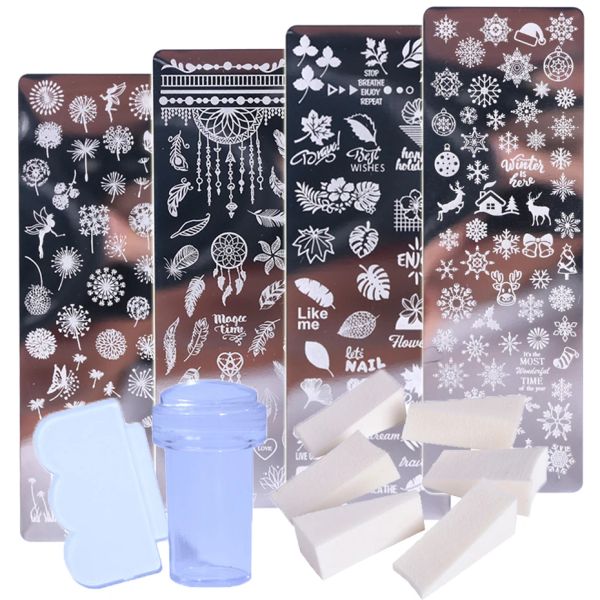 Kunst 1 Set Nagelkunststempelplatten Nagellackdruck Blätterblätter Blume Dreamcatcher Schneeflocken Weihnachtsfest -Scraperin JISTZN01122