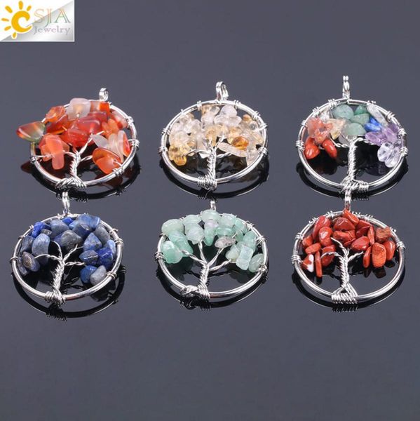 CSJA Tree of Life Anhänger ganz natürlicher Chakra Edelstein -Perlen -Chips Silberchips für Halskette Choker Ohrration Armband Schmuck 9797172