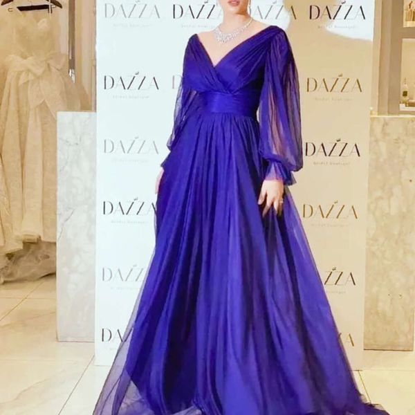 Рукав Королевские платья с длинным синим выпускным слоем a-line Формальные вечерние платья длина пол простые элегантные атласные тюля специальная одежда для женщин арабский