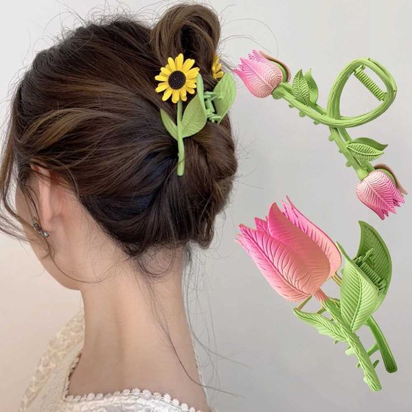 Braçadeiras mulheres tulipas de cabelo clipes de garra girassol hairpins maquiagem pinça de estilo de cabelo barrettes acessórios de cabelo de rabo de cavalo y240425