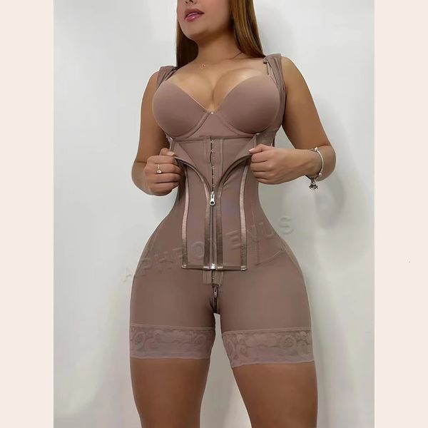 Fajas Colombianas Double Compression Body Shaper Girdle Três ganchos e zíper na frente emagrecendo Shapewear sem sutiã 240415