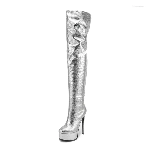 Stiefel Luxus über der kniehohen Frauenplattform sexy dünne Heels Party Tanz Fetisch Schuhe Damen Silber Oberschenkelstiefel großer Größe große Größe