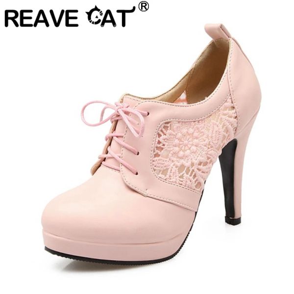 Boots Reave Cat 2022 Ladies Românticas Tabulações de malha Lace Up Up Ponto Plataforma 11 cm Capa de pico do salto US12 Pink Branco preto A4372