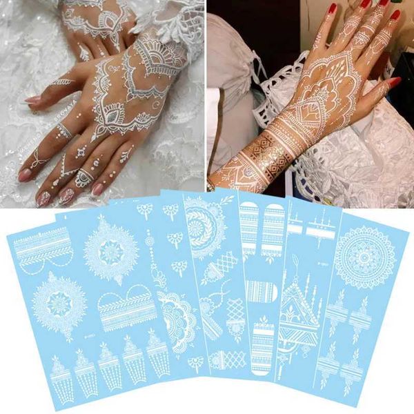 Tatuagem Transferência de renda branca henna tatuagem flash butterfly penas falsas temporárias tatuagens indianas adesivos de verão jóias de beleza de beleza 240427