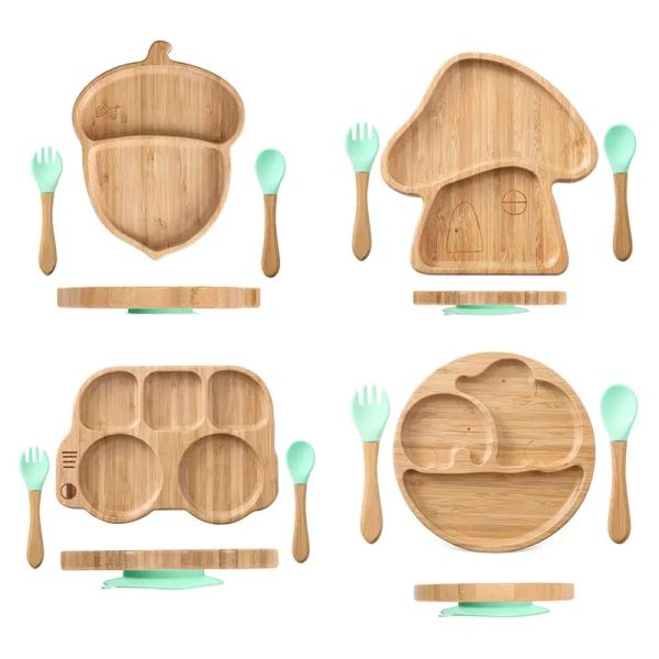 Alimentação de 3pcs Baby Alimentação Bowl's Tableware de Table Witht Plate Spoon Fork para crianças Pratos de madeira de bambu alimentar conjuntos de utensílios de mesa