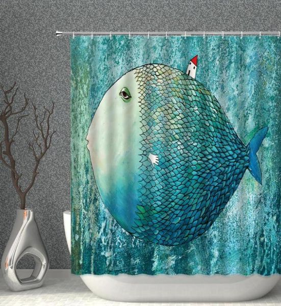 Tende per doccia cartone animato set di tende di pesce boho guscio oceano in tessuto impermeabile in tessuto bagno blu vano da bagno decorazioni 6045649