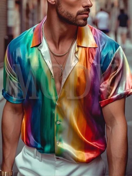 Herren lässige Hemden Regenbogenfarbe Casual Satin Hemd Übergroßes Stretchmusikauto Aloha Shirts 240424