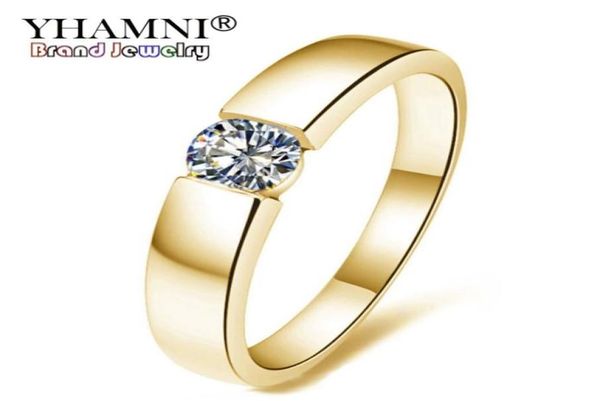 Yhamni Pure Gold Color Solitaire Zirkon Ring CZ Engagement Hochzeit Schmuckringe für Frauen und Männer Ringgröße 513 YMKR1019582649918927