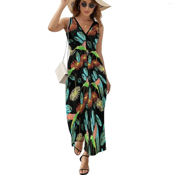 Lässige Kleider tropische Vögel Blumenkleid Grüne Blätter Street Boho Strand Lange Frauen Party Muster Maxi Geburtstagsgeschenk