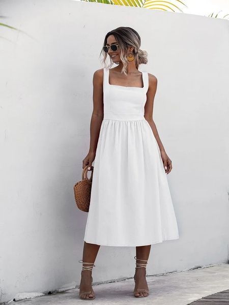 Kadınlar için Uzun Elbise Seksi Sırtsız Beyaz Siyah Deli Midi Sundress Yaz Spagetti Kayış Kadın Giyim 240418