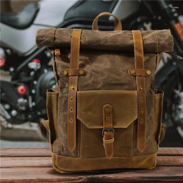 Backpack Vintage Oil Wax Leather Canvas Men Travel School School Militar ao ar livre Mulheres Rucksack Knapsack Mochilas Mochilas