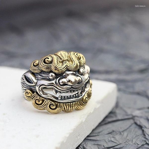 Ringos de cluster autênticos 925 Sterling Silver Ring Lion da cabeça do estilo retro charme nostalgia Man Open Fashio Tide Flow Party Jewelry