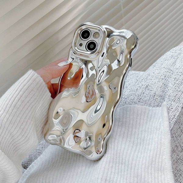 Casos de telefone celular Wavy 3D Meteor Texture Silver Plated Phone Case adequado para iPhone 15 14 13 11 Pro Max Cover Camera Lens Protection Cover J240426