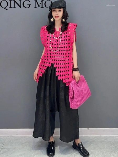 Damen T -Shirts Qing MO 2024 Sommer Koreanische Mode Ärmel und Tupfen hohl Out Single Top Women Black Rot, vielseitige Frau ZXF2682