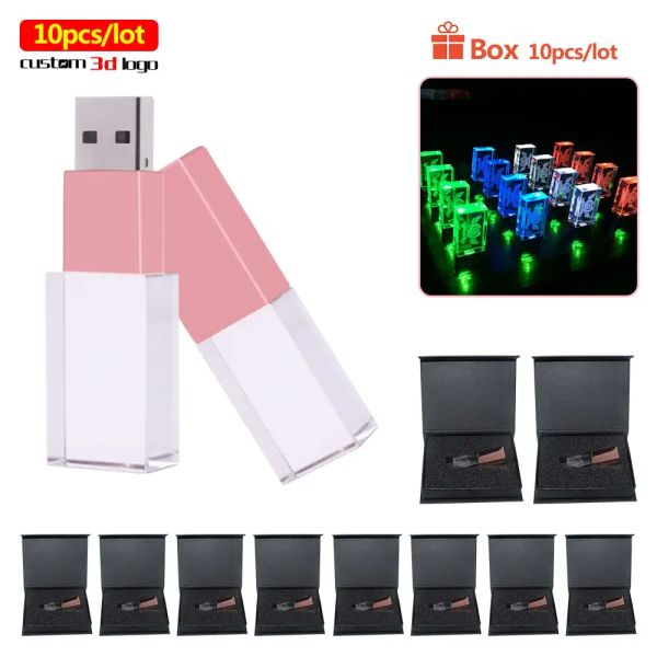 Sürücüler 10 PCS Gül Altın USB Flash Drive 4G 16G Pendrive 32GB 64GB 128GB Pen Drive U Disk USB Sürücü Kristal Bellek Çubuğu 4 Renk Işıkları