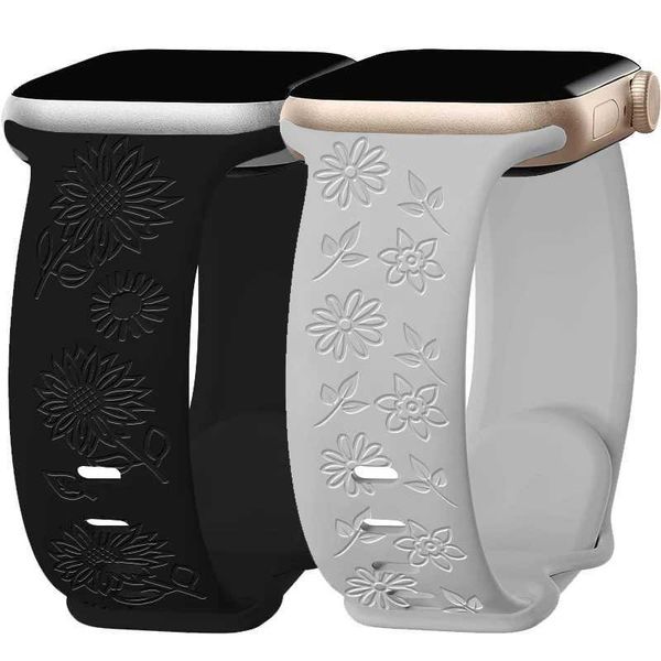 Assista Bands Silicone tire para banda de relógio 45mm 41mm 44mm 40mm 38mm 42mm 49mm Bracelete floral gravado Iwatch Ultra 9 8 7 6 5 SE Banda 240424