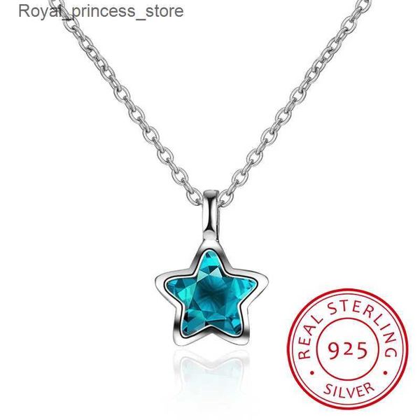 Colares de pendentes Novo colar de estelar de cristal azul simples e elegante e elegante, adequado para meninas 925 jóias de prata esterlina S-N246 Q240426