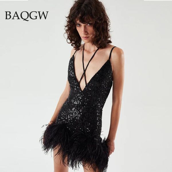 Повседневные платья Summer Deep V Sect Designer Plore для женщин сексуальное без рукавов блестящее элегантное пещевое изделия из перья черное обнаженное мини Мини