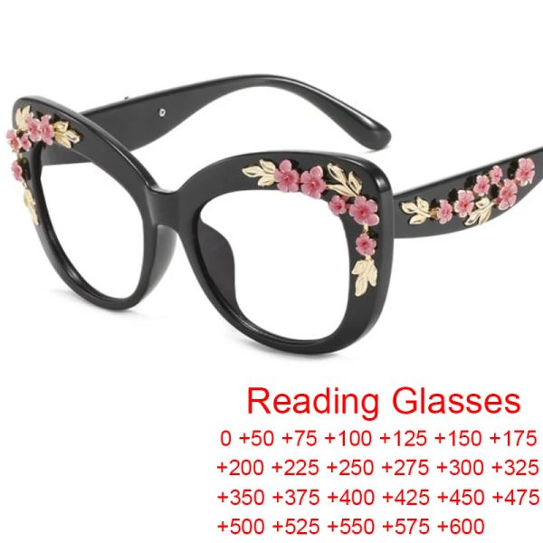 Lentes Flor Cat Eye Reading Glasses Brand Vintage Glasses Glasses Mulheres Computador Anti -azul Luz e óculos Pontos +1 +3,5 +6