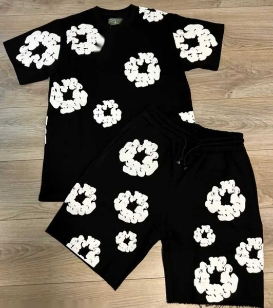 Мужские шорты 2024 Оригинальный тяжелый 320G Kapok Short Slve Set American Strt Men and Women Hip Hop Full Print Bubble свободный Y2K H240425