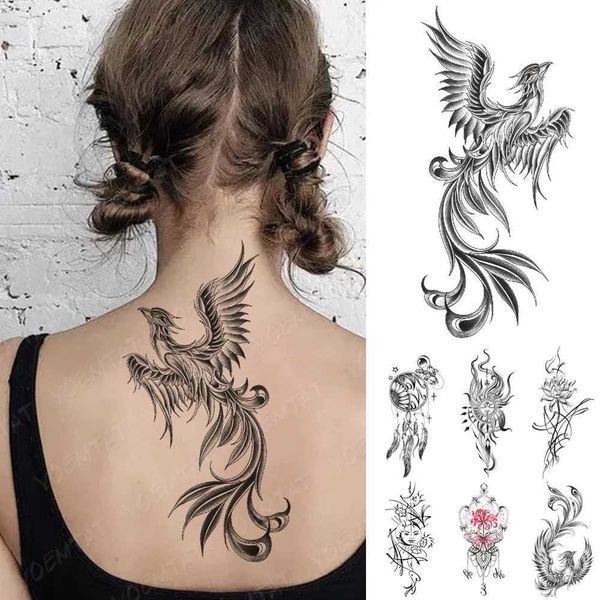 Tatuagem Transferência de tatuagem de tatuagem temporária adesiva Fire Fire Phoenix Bird Dragon Animal Black Geométrico Festival Body Art Arm Fake Tattoos Homens Mulheres 240427