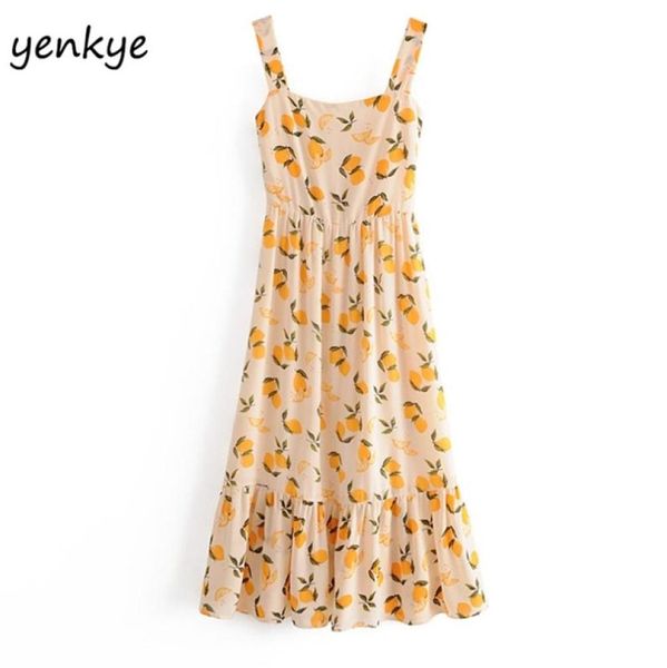 Sommerkleid Vintage Zitronenprint Spaghetti -Gurt sexy Frauen ärmellose Quadrat Hals Aline Midi Chiffon Vestido 2105144647506