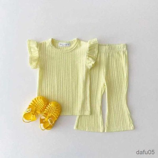 Kleidungssets koreanische Kinderkleidung Kleidung Set Sommer Kühl dünn fliegender Ärmel Anzug T-Shirt+Glockenboden Mode Prinzessin Anzug