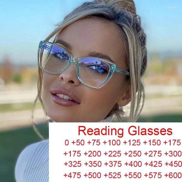 Óculos de sol Luxury Gato Eye Reading Glasses Women Moda Moda transparente óculos verdes Eyewear retro feminino Anti -azul hiperópia 2 3.5