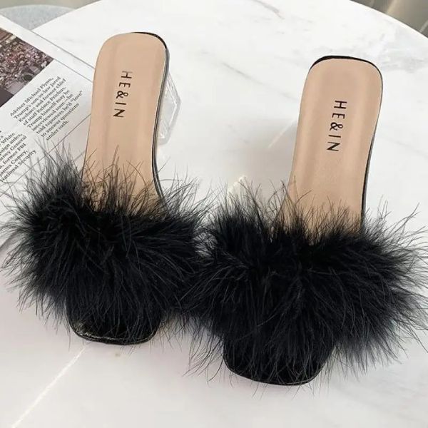 Сапоги New Summer Fluffy Peep Toe Sexy High Heels Women Fur Lady Fashion Swedding на розовый ytmtloy House Slippers Zapatillas Mujer