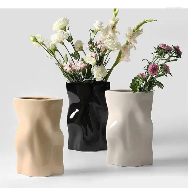 Vasos Creative Pleated Shape Shape Vaso Cerâmica Pots de Flores Decoração de Mesa Flores Artificiais Arranjo Floral Decorativo