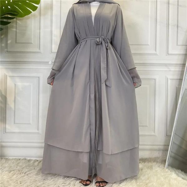 Roupas étnicas Islâmicas abaya dubai vestido muçulmano chiffon kaftan duas camadas abayat ruffle túmulo longo caftan marocain hijab abayas