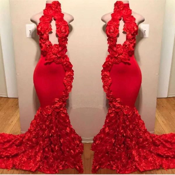 Red Lace 2019 Mermaid de pescoço alto Vestidos de baile longos Hechethole 3d Rose Aplique Floral Swee