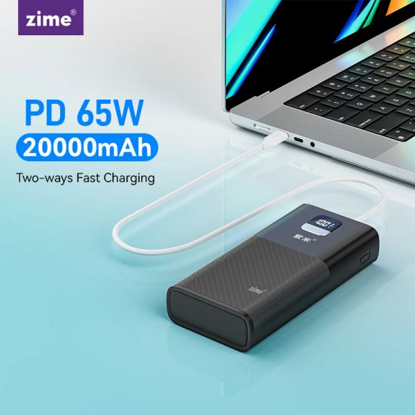 Chargers Zime 65W Power Bank 20000MAH USB C PD Быстрая зарядка PowerBank Внешнее аккумуляторное переносное зарядное устройство для ноутбука iPhone Xiaomi Samsung