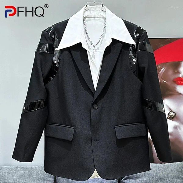 Abiti da uomo pfhq glossy phe in pelle patchwork design patchwork blazer sciolte spalline industriale pesante spalliera maschio giacche estate 21z4478