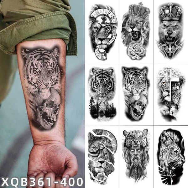 Татуировка переноса водонепроницаемые временные татуировки цветочный лев тигр волк корона боди арт рука поддельные татуировки король животных татуировки для мужчин женщин 240427