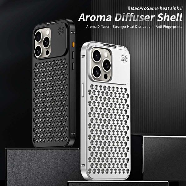 Casos de telefone celular Caixa de telefone de alumínio oco de metal de luxo, adequado para iPhone 15 14 12 Pro Max Plus AROMATIC Difuser Radiator Cover Funda J240426