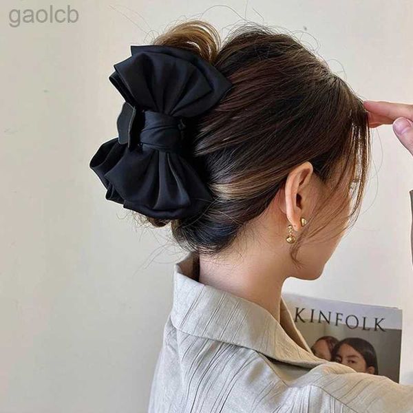 Клипы для волос Barrettes Black Double-Clip Bow Clip Женщины Большой атласная атласная когтя Claw Solid Bowknot Harepin Barrettes Headsds Wants Accessories 240426