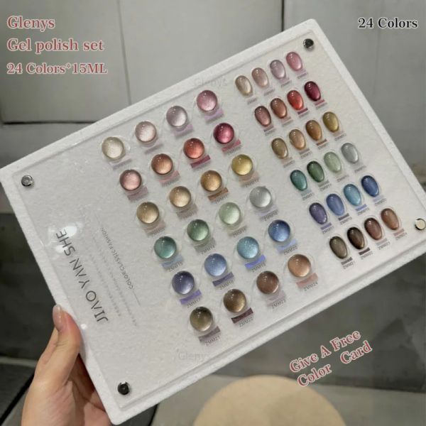 Polnische Glenys 24 Farbe Glas Perlen Katze Eye Nagellack Tape Color Card Semi Permanent Immersion Gel Nail Art Lack Set Großhandel