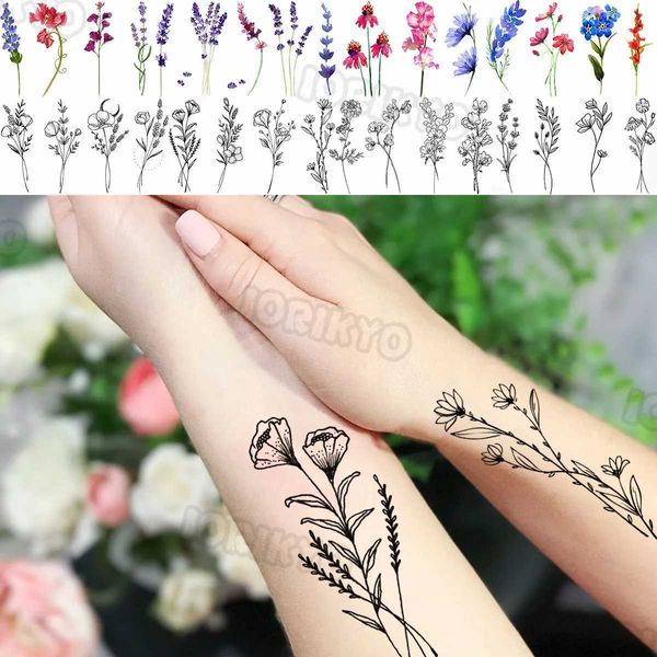 Tatuagem Transferência de lírio preto Flor de papoula pequena tatuagem temporária para mulheres meninas lavanda lótus tatuagem startum tatuagem de braço à prova d'água tatuagem 240426