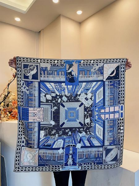 Blauer Schal 90 cm Seiden Mulberry Quadrat Saum Rollschals Luxusdesigner Bandana Twill Hals Haarschals 240412