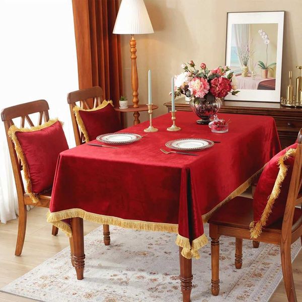 Tischtuch Luxus Quaste rot Samt Tischdecke Quadratkreiskaffeetischabdeckung zur Dekoration rechteckiger Tischdecke auf Hochzeitsfeiern 240426