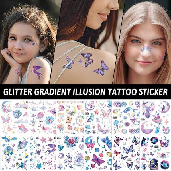 Tatuaggio trasferimento glitter butterfly childrens temporaneo adesivo tatuaggio impermeabile occhi braccio braccio per bambini tatuaggi finti tatuaggi donne prodotti per il trucco 240427