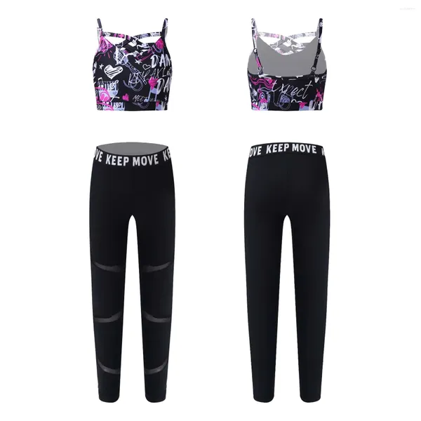 Set di abbigliamento per bambini ragazze allenamento da ginnastico Sport Sport Spedievelves Cropped Tops e pantaloni in vita alta per la gestione di abiti da ginnastica da ballo