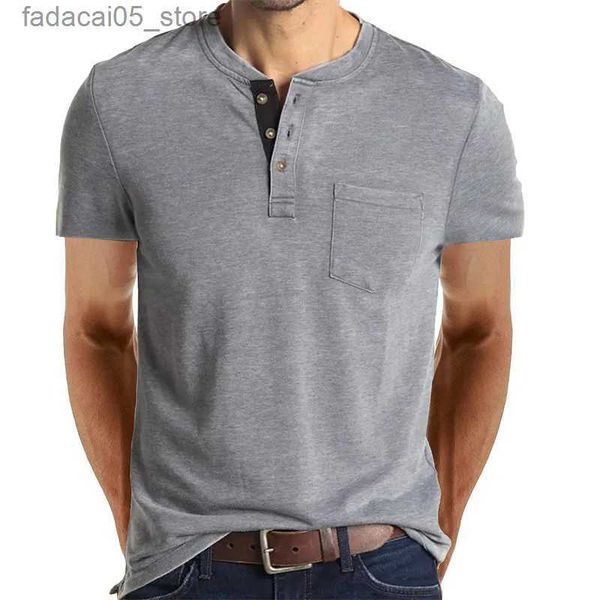 Herren-T-Shirts Sommer Herren kurzärmeliges T-Shirt Henley Collar Solid Casual Top Single Chest Pocket Q240426