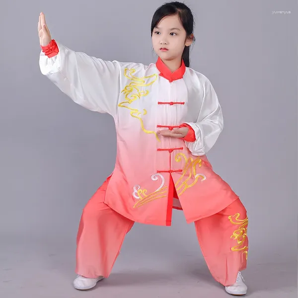Roupas étnicas Crianças Tai chi Tradição chinesa Wushu Roupa Tang Suit Fashion Gradiente de moda uniforme de manga longa camisa 2pcs